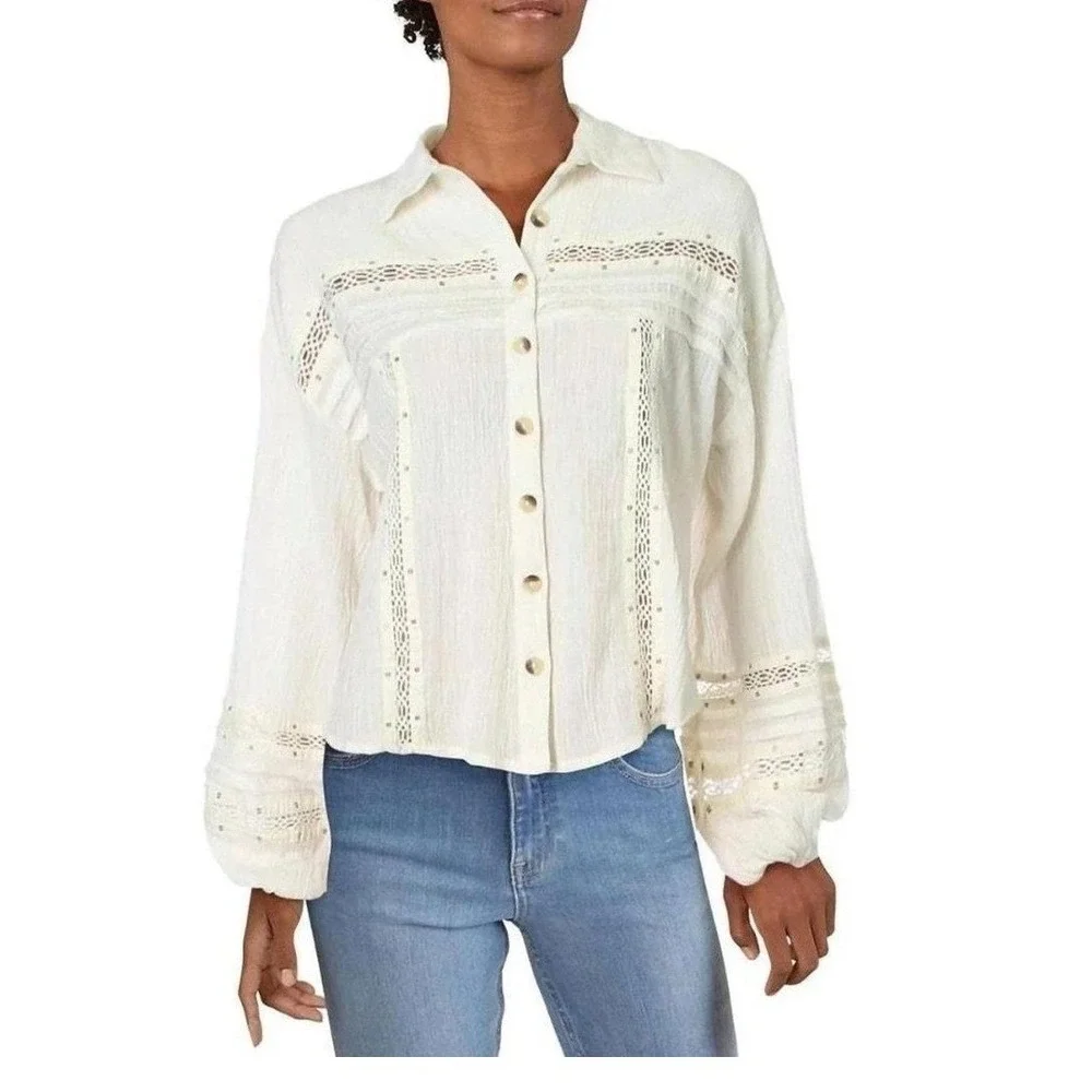 Free People Summer Stars Blouse Medium Ivory Gauzy Crochet Western Boho Top